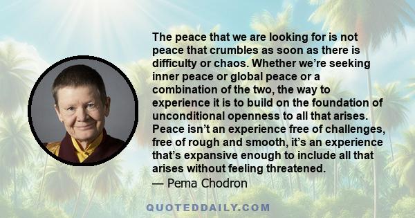 The peace that we are looking for is not peace that crumbles as soon as there is difficulty or chaos. Whether we’re seeking inner peace or global peace or a combination of the two, the way to experience it is to build