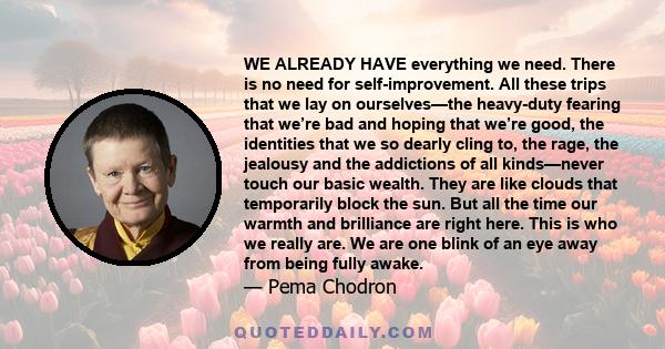 WE ALREADY HAVE everything we need. There is no need for self-improvement. All these trips that we lay on ourselves—the heavy-duty fearing that we’re bad and hoping that we’re good, the identities that we so dearly