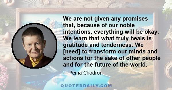 We are not given any promises that, because of our noble intentions, everything will be okay. We learn that what truly heals is gratitude and tenderness. We [need] to transform our minds and actions for the sake of