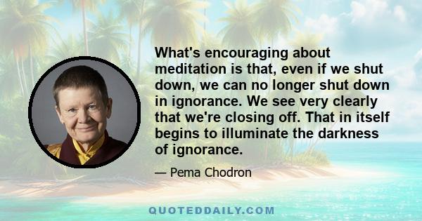 What's encouraging about meditation is that, even if we shut down, we can no longer shut down in ignorance. We see very clearly that we're closing off. That in itself begins to illuminate the darkness of ignorance.