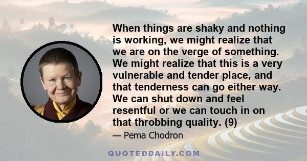 When things are shaky and nothing is working, we might realize that we are on the verge of something. We might realize that this is a very vulnerable and tender place, and that tenderness can go either way. We can shut