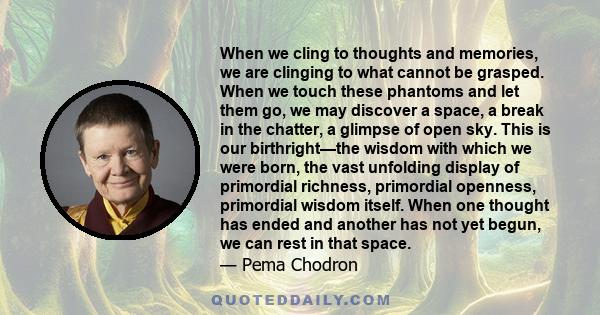 When we cling to thoughts and memories, we are clinging to what cannot be grasped. When we touch these phantoms and let them go, we may discover a space, a break in the chatter, a glimpse of open sky. This is our