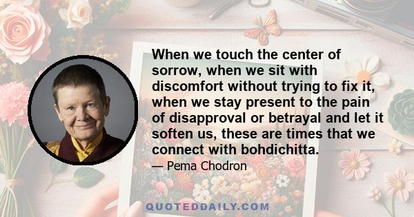 When we touch the center of sorrow, when we sit with discomfort without trying to fix it, when we stay present to the pain of disapproval or betrayal and let it soften us, these are times that we connect with