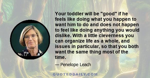 Your toddler will be good if he feels like doing what you happen to want him to do and does not happen to feel like doing anything you would dislike. With a little cleverness you can organize life as a whole, and issues 