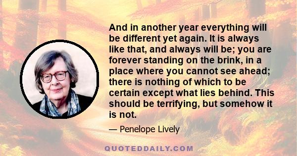 And in another year everything will be different yet again. It is always like that, and always will be; you are forever standing on the brink, in a place where you cannot see ahead; there is nothing of which to be