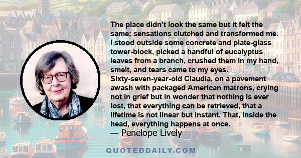 The place didn't look the same but it felt the same; sensations clutched and transformed me. I stood outside some concrete and plate-glass tower-block, picked a handful of eucalyptus leaves from a branch, crushed them