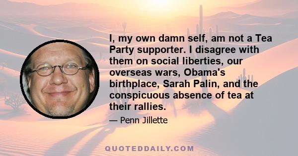 I, my own damn self, am not a Tea Party supporter. I disagree with them on social liberties, our overseas wars, Obama's birthplace, Sarah Palin, and the conspicuous absence of tea at their rallies.