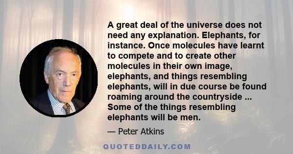 A great deal of the universe does not need any explanation. Elephants, for instance. Once molecules have learnt to compete and to create other molecules in their own image, elephants, and things resembling elephants,