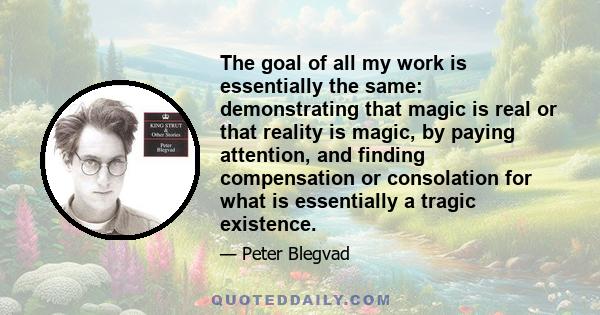 The goal of all my work is essentially the same: demonstrating that magic is real or that reality is magic, by paying attention, and finding compensation or consolation for what is essentially a tragic existence.