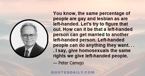 You know, the same percentage of people are gay and lesbian as are left-handed. Let's try to figure that out. How can it be that a left-handed person can get married to another left-handed person. Left-handed people can 