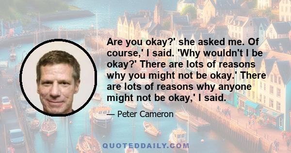 Are you okay?' she asked me. Of course,' I said. 'Why wouldn't I be okay?' There are lots of reasons why you might not be okay.' There are lots of reasons why anyone might not be okay,' I said.