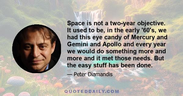 Space is not a two-year objective. It used to be, in the early '60's, we had this eye candy of Mercury and Gemini and Apollo and every year we would do something more and more and it met those needs. But the easy stuff