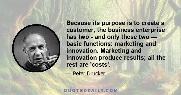 Because its purpose is to create a customer, the business enterprise has two - and only these two — basic functions: marketing and innovation. Marketing and innovation produce results; all the rest are 'costs'.