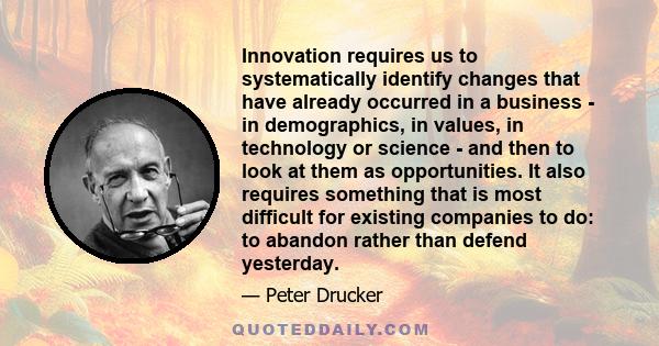 Innovation requires us to systematically identify changes that have already occurred in a business - in demographics, in values, in technology or science - and then to look at them as opportunities. It also requires