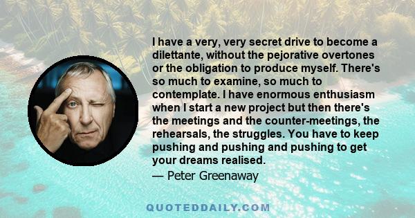 I have a very, very secret drive to become a dilettante, without the pejorative overtones or the obligation to produce myself. There's so much to examine, so much to contemplate. I have enormous enthusiasm when I start