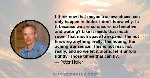 I think now that maybe true sweetness can only happen in limbo. I don't know why. Is it because we are so unsure, so tentative and waiting? Like it needs that much room, that much space to expand. The not knowing