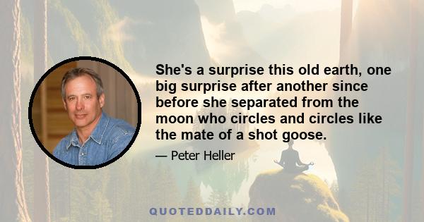 She's a surprise this old earth, one big surprise after another since before she separated from the moon who circles and circles like the mate of a shot goose.