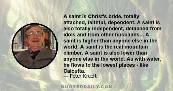 A saint is Christ's bride, totally attached, faithful, dependent. A saint is also totally independent, detached from idols and from other husbands... A saint is higher than anyone else in the world. A saint is the real