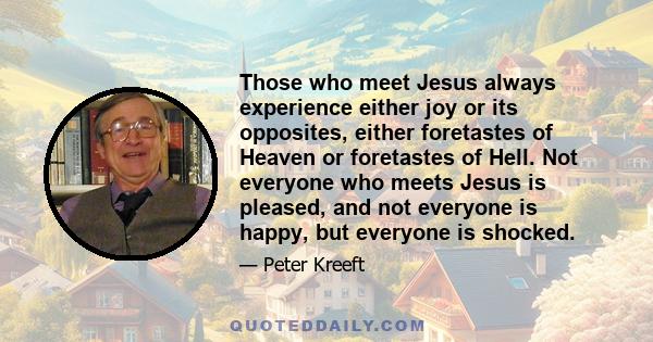 Those who meet Jesus always experience either joy or its opposites, either foretastes of Heaven or foretastes of Hell. Not everyone who meets Jesus is pleased, and not everyone is happy, but everyone is shocked.