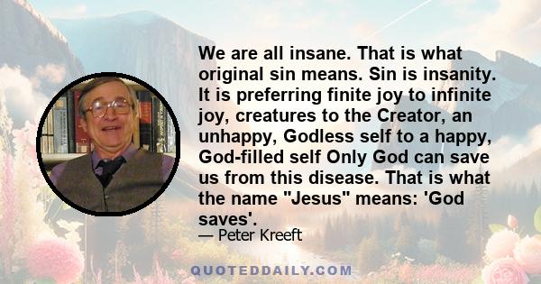 We are all insane. That is what original sin means. Sin is insanity. It is preferring finite joy to infinite joy, creatures to the Creator, an unhappy, Godless self to a happy, God-filled self Only God can save us from