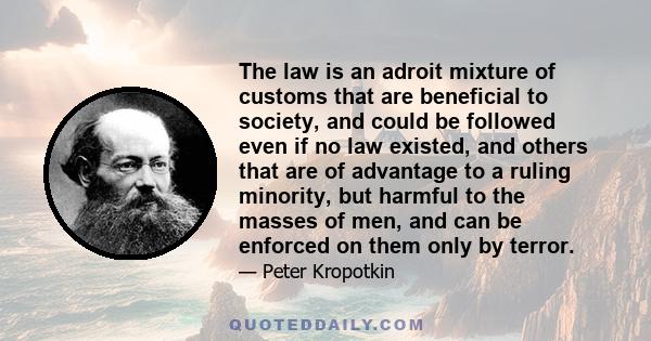 The law is an adroit mixture of customs that are beneficial to society, and could be followed even if no law existed, and others that are of advantage to a ruling minority, but harmful to the masses of men, and can be