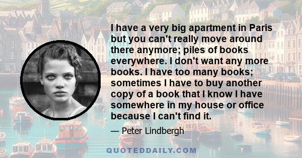 I have a very big apartment in Paris but you can't really move around there anymore; piles of books everywhere. I don't want any more books. I have too many books; sometimes I have to buy another copy of a book that I