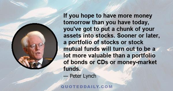 If you hope to have more money tomorrow than you have today, you've got to put a chunk of your assets into stocks. Sooner or later, a portfolio of stocks or stock mutual funds will turn out to be a lot more valuable