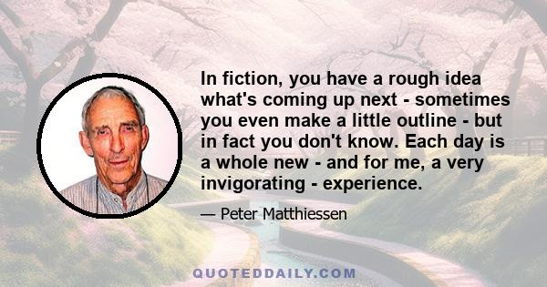 In fiction, you have a rough idea what's coming up next - sometimes you even make a little outline - but in fact you don't know. Each day is a whole new - and for me, a very invigorating - experience.