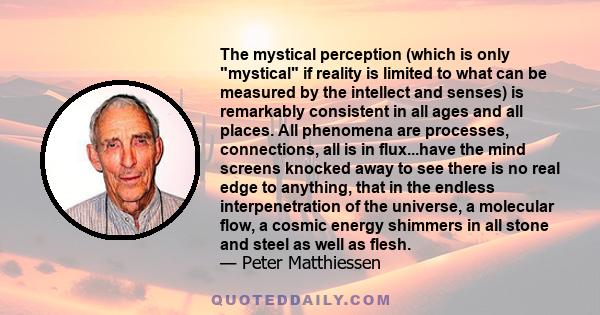 The mystical perception (which is only mystical if reality is limited to what can be measured by the intellect and senses) is remarkably consistent in all ages and all places. All phenomena are processes, connections,