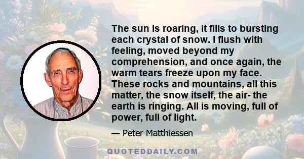 The sun is roaring, it fills to bursting each crystal of snow. I flush with feeling, moved beyond my comprehension, and once again, the warm tears freeze upon my face. These rocks and mountains, all this matter, the