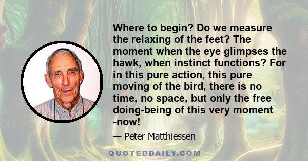 Where to begin? Do we measure the relaxing of the feet? The moment when the eye glimpses the hawk, when instinct functions? For in this pure action, this pure moving of the bird, there is no time, no space, but only the 