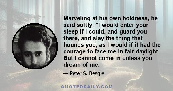 Marveling at his own boldness, he said softly, I would enter your sleep if I could, and guard you there, and slay the thing that hounds you, as I would if it had the courage to face me in fair daylight. But I cannot