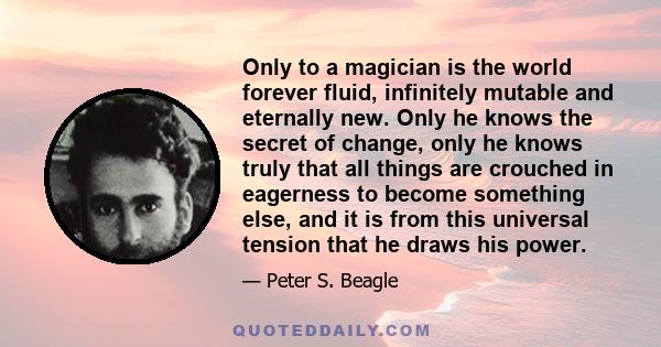 Only to a magician is the world forever fluid, infinitely mutable and eternally new. Only he knows the secret of change, only he knows truly that all things are crouched in eagerness to become something else, and it is