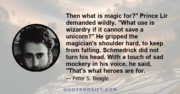 Then what is magic for? Prince Lír demanded wildly. What use is wizardry if it cannot save a unicorn? He gripped the magician's shoulder hard, to keep from falling. Schmedrick did not turn his head. With a touch of sad