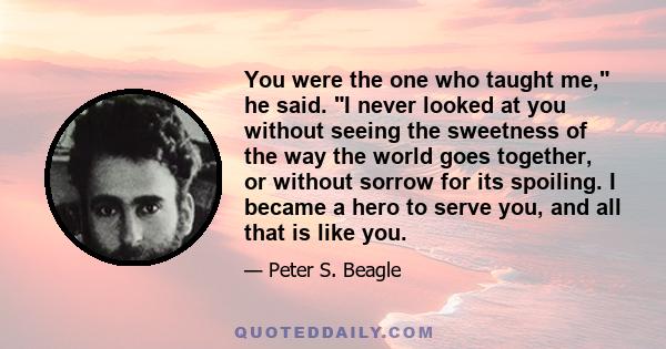 You were the one who taught me, he said. I never looked at you without seeing the sweetness of the way the world goes together, or without sorrow for its spoiling. I became a hero to serve you, and all that is like you.