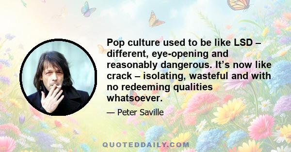 Pop culture used to be like LSD – different, eye-opening and reasonably dangerous. It’s now like crack – isolating, wasteful and with no redeeming qualities whatsoever.