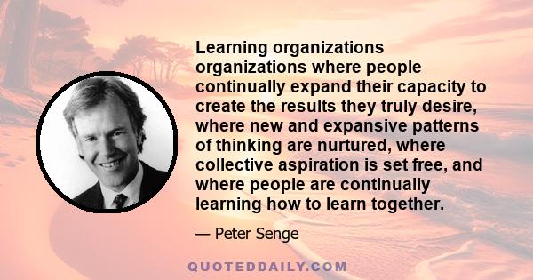 Learning organizations organizations where people continually expand their capacity to create the results they truly desire, where new and expansive patterns of thinking are nurtured, where collective aspiration is set