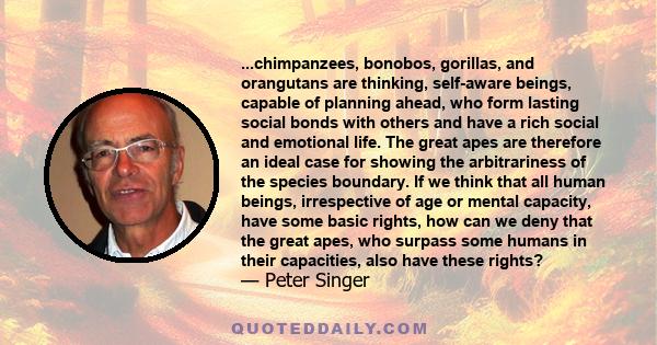 ...chimpanzees, bonobos, gorillas, and orangutans are thinking, self-aware beings, capable of planning ahead, who form lasting social bonds with others and have a rich social and emotional life. The great apes are