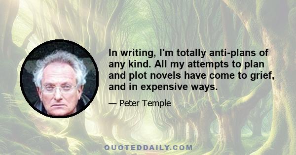 In writing, I'm totally anti-plans of any kind. All my attempts to plan and plot novels have come to grief, and in expensive ways.