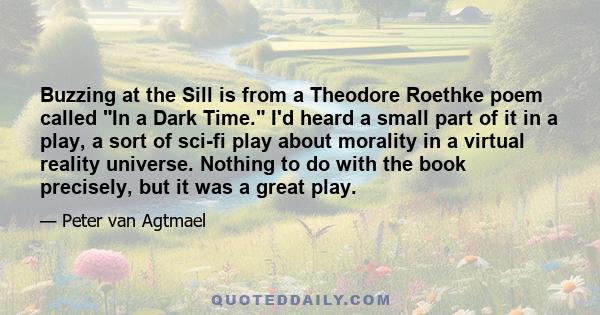 Buzzing at the Sill is from a Theodore Roethke poem called In a Dark Time. I'd heard a small part of it in a play, a sort of sci-fi play about morality in a virtual reality universe. Nothing to do with the book