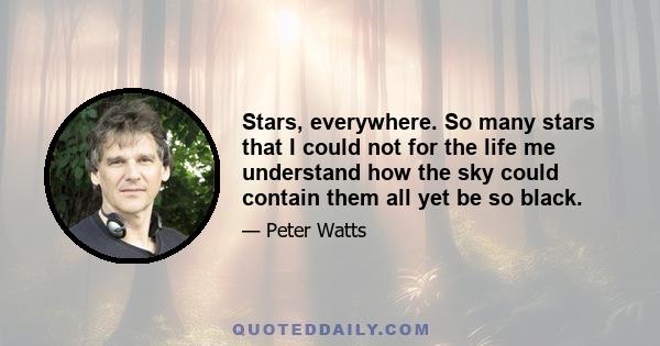 Stars, everywhere. So many stars that I could not for the life me understand how the sky could contain them all yet be so black.