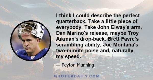 I think I could describe the perfect quarterback. Take a little piece of everybody. Take John Elway's arm, Dan Marino's release, maybe Troy Aikman's drop-back, Brett Favre's scrambling ability, Joe Montana's two-minute