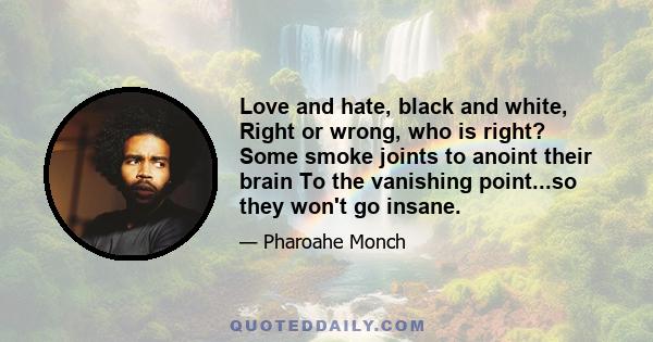 Love and hate, black and white, Right or wrong, who is right? Some smoke joints to anoint their brain To the vanishing point...so they won't go insane.