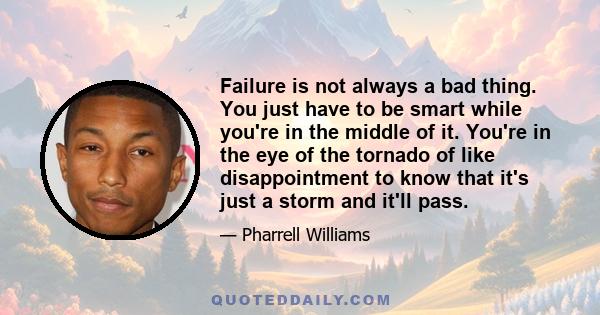 Failure is not always a bad thing. You just have to be smart while you're in the middle of it. You're in the eye of the tornado of like disappointment to know that it's just a storm and it'll pass.