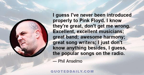 I guess I've never been introduced properly to Pink Floyd. I know they're great, don't get me wrong. Excellent, excellent musicians; great band; awesome harmony; great song writers; I just don't know anything besides, I 