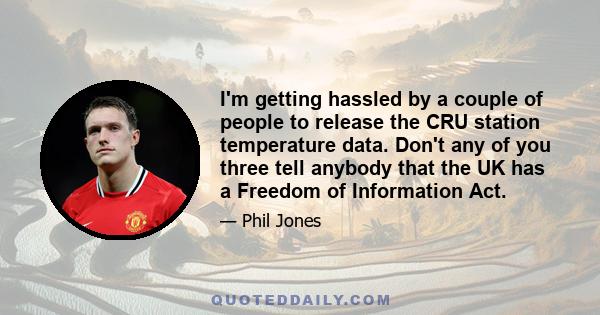 I'm getting hassled by a couple of people to release the CRU station temperature data. Don't any of you three tell anybody that the UK has a Freedom of Information Act.