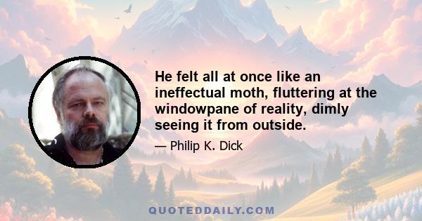 He felt all at once like an ineffectual moth, fluttering at the windowpane of reality, dimly seeing it from outside.