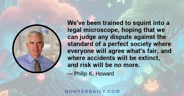 We've been trained to squint into a legal microscope, hoping that we can judge any dispute against the standard of a perfect society where everyone will agree what's fair, and where accidents will be extinct, and risk