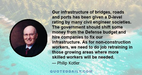 Our infrastructure of bridges, roads and ports has been given a D-level rating by many civil engineer societies. The government should shift some money from the Defense budget and hire companies to fix our