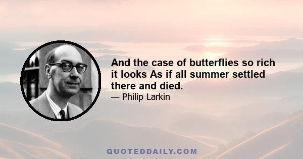 And the case of butterflies so rich it looks As if all summer settled there and died.